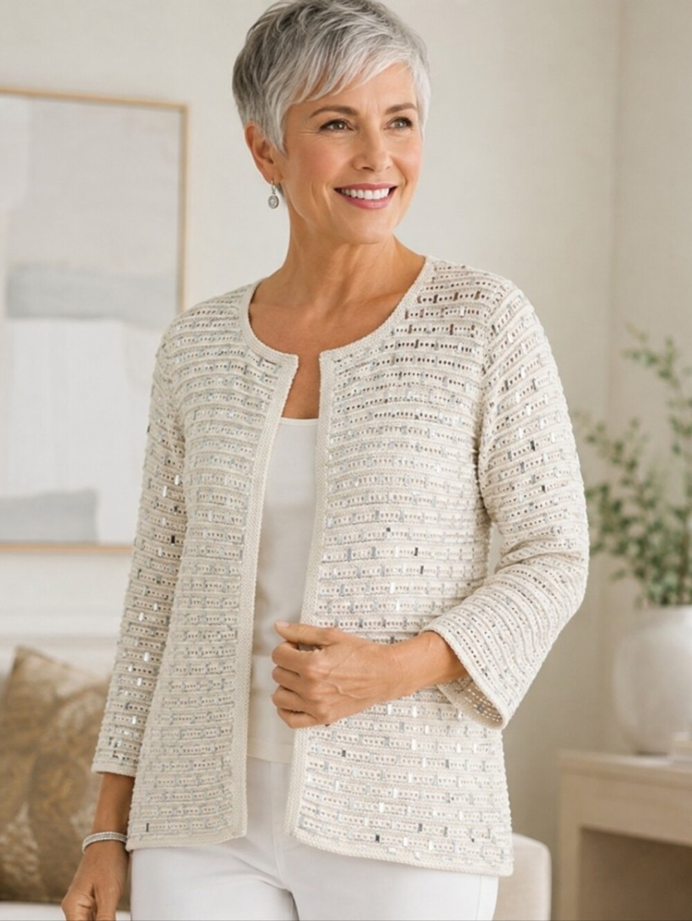 ​Chico’s Off White Silver Sequin Crochet Open Front Cardigan Sweater Size 3 XL